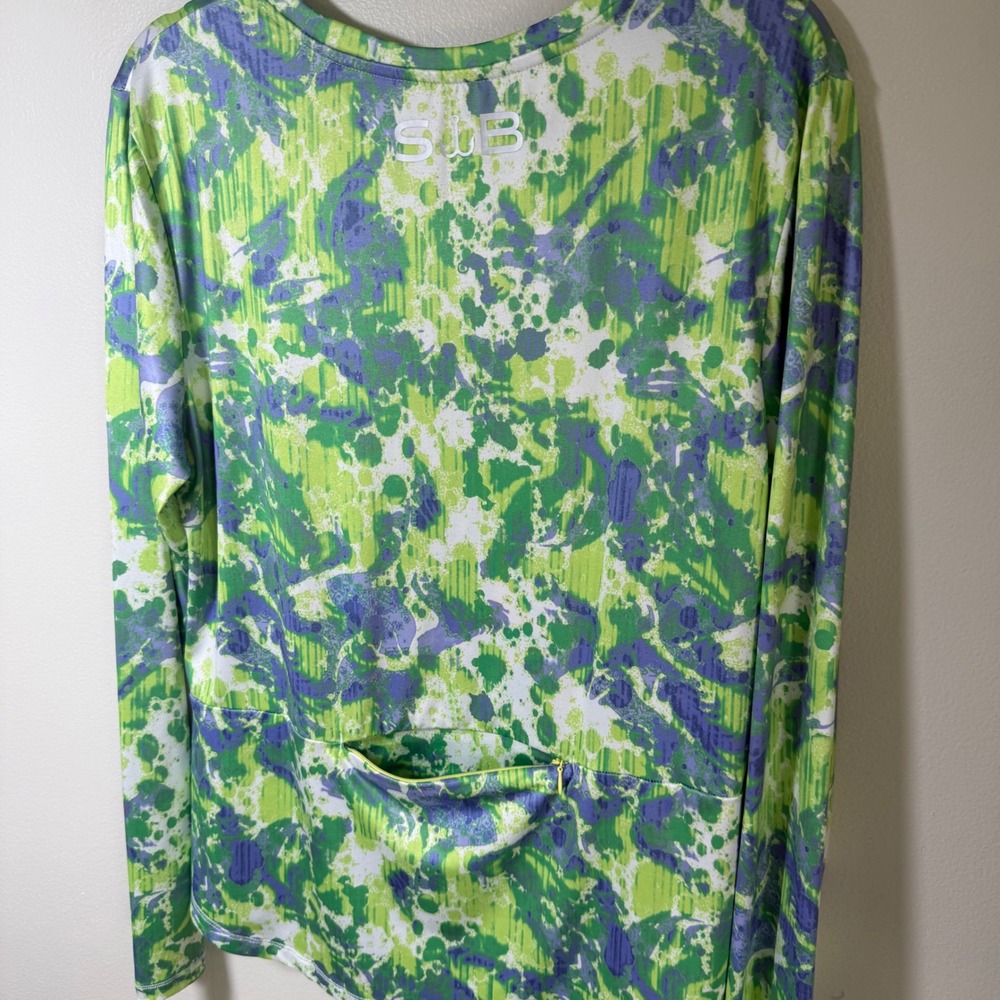 Silver Bait Women's L Performance Fishing Shirt Green Purple Splash Zip Pocket - Picture 3 of 8